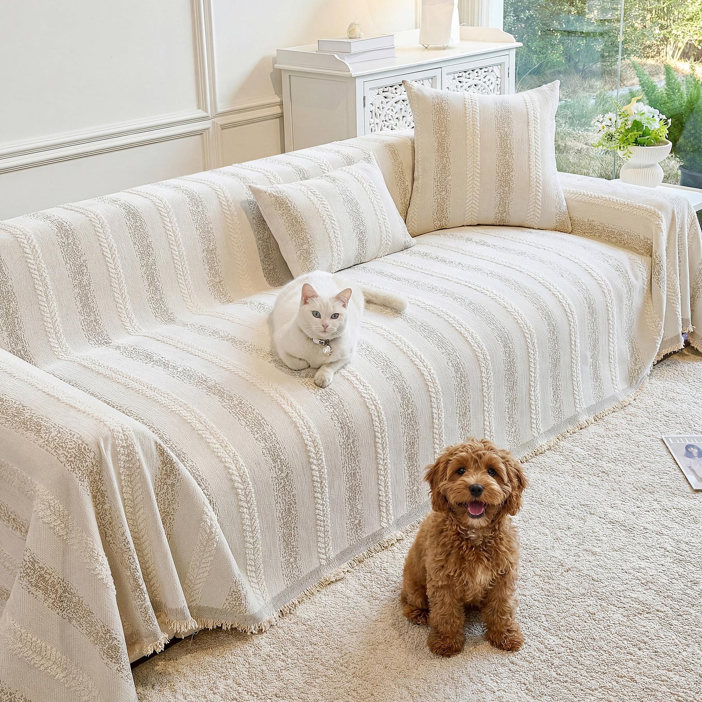 Fuyulacom Couch Cover for Dogs Washable Sofa Cover, Sectional Couch Covers, Sofa Covers for 2 Cushion Couch, Non Slip Stripe Sofa Slipcovers Furniture Protector (Beige, 71x118)