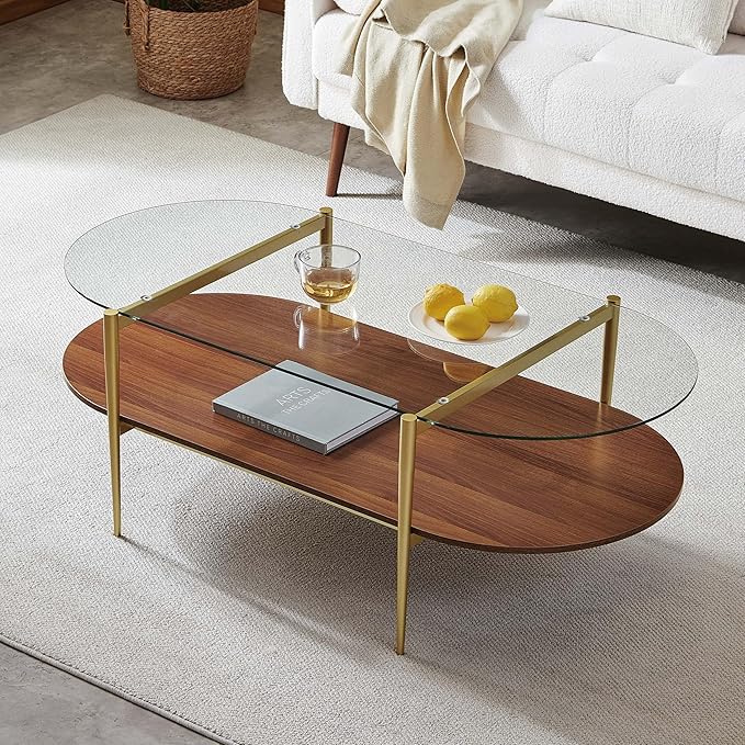 LumFurn X-Large Oval Glass Coffee Table, Mid-Century Modern Design, L47 x W24 x