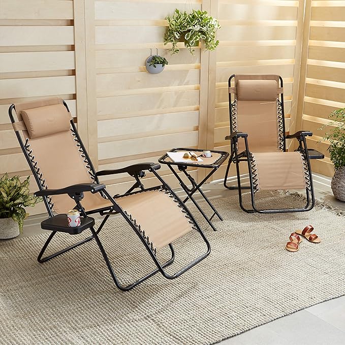 Amazon Basics Outdoor Textilene Adjustable Zero Gravity Folding Reclining Lounge Chair Set with Cup Holder, Side Table, Headrest, Weather-Resistant, 35 x 26 x 43 inches, Beige, 2-Pack