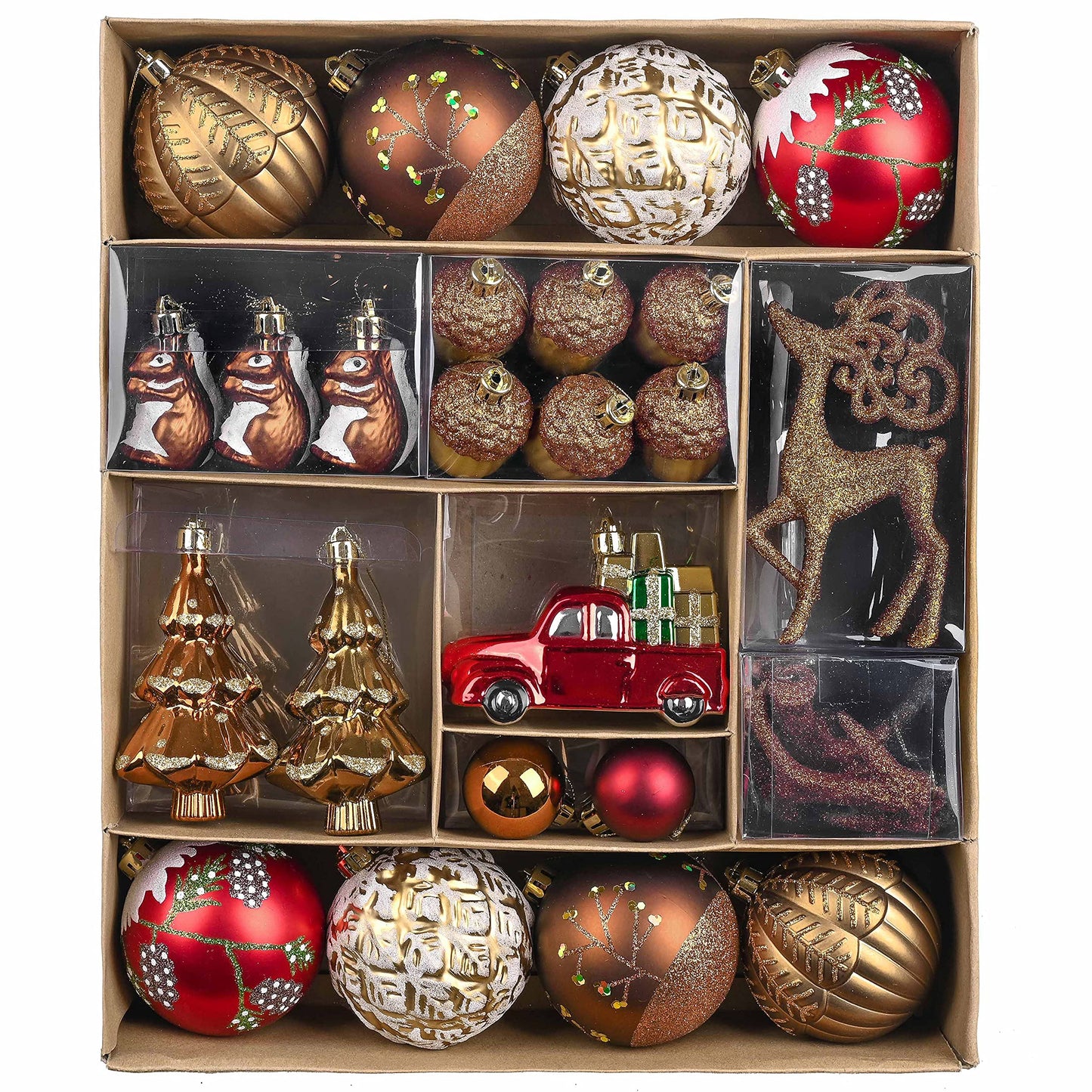 Valery Madelyn Christmas Ornaments Set, 60ct Red and Brown Shatterproof Christmas Tree Decorations, Woodland Hanging Ball Ornaments Bulk for Xmas Holiday Decor