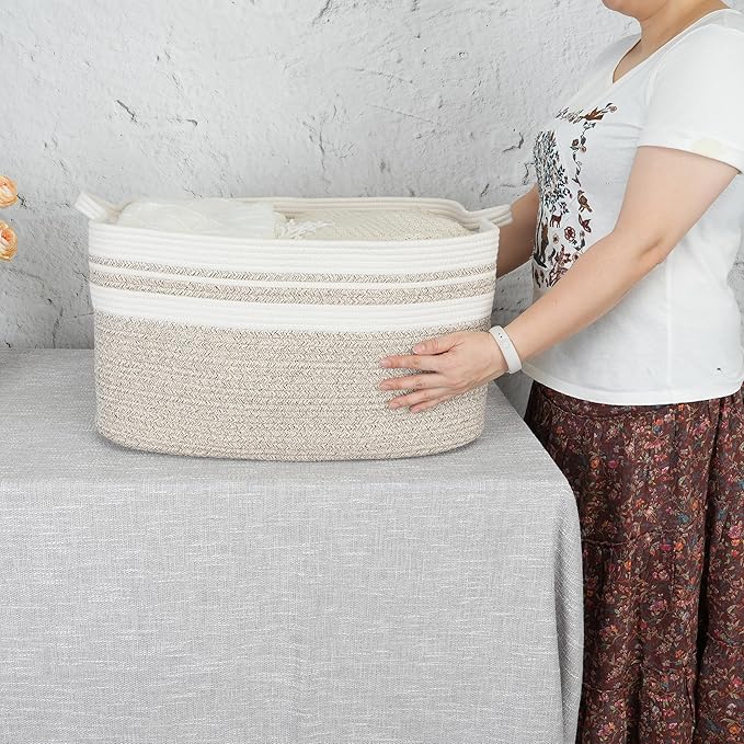 Large Rectangle Blankets Basket Living Room 22"x17"x12" Woven Cotton Rope