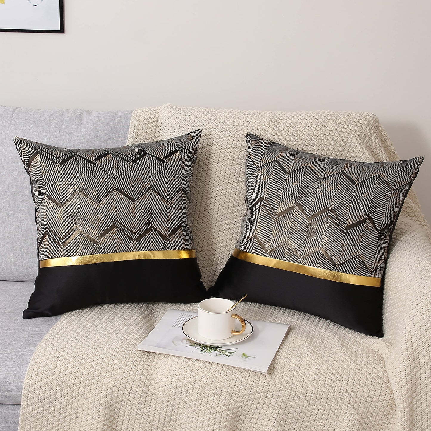 Gujiahone Throw Pillow Covers Set of 2 Black Gold Leather Striped Patchwork Jacquard Cushion Case Luxury Modern Square Decorative Cushion Covers for Sofa Couch Bed Home Decoration 18x18 Inch