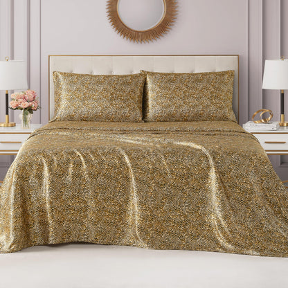 Juicy Couture Full Size Satin Bed Sheet Set, Deep Pocket Silky Full Sheet Set with 1 Fitted Sheet, 1 Flat Sheet, 2 Pillowcases, Wrinkle Resistant and Anti Pilling Bed Sheets - Monica Leopard