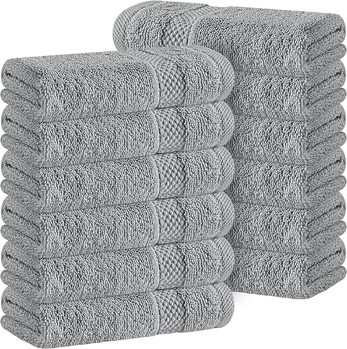 White Classic Light Grey Luxury Cotton Washcloths 12 Pc Set