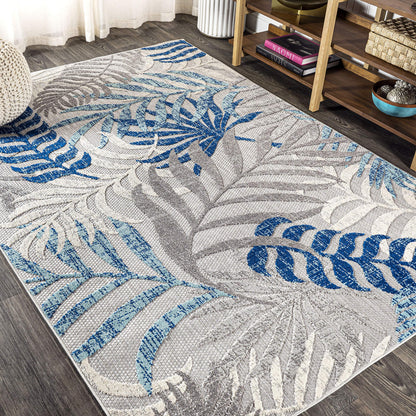 JONATHAN Y Tropics Palm Leaves Indoor Outdoor Area Rug 8X10 Gray/Blue, Boho for Backyard, Patio, Porch, Easy-Cleaning, High Traffic, Pet-Friendly, Non-Shedding (AMC100A-8)